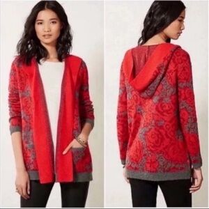 Anthropologie Red and Gray Hooded Cardigan